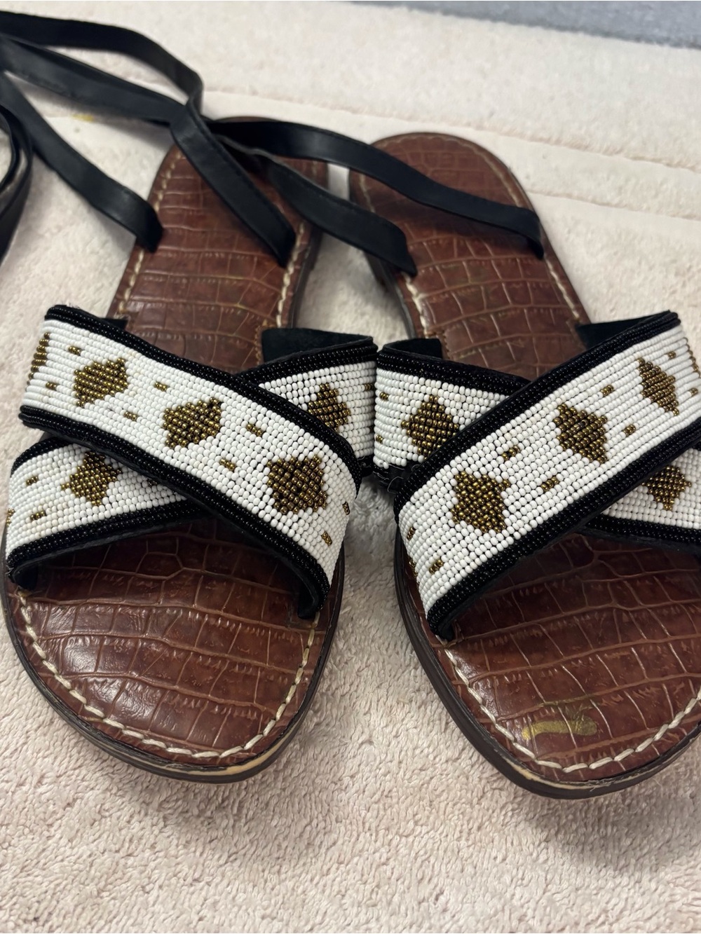 Sam Edelman Brown Leather Slide Sandals with White and Gold Beaded Straps